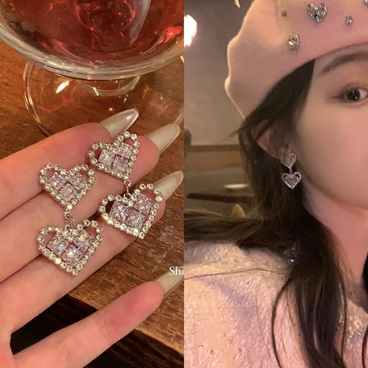 新款超闪大小爱心锆石耳环小清新耳钉耳坠百搭感创意个性耳饰