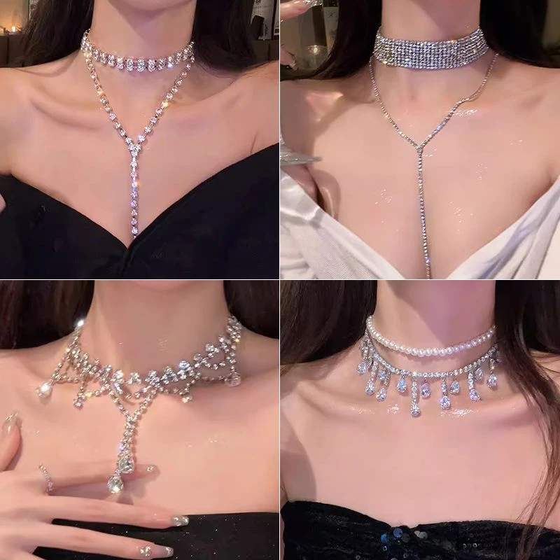 铜合金亚克力项链 聚焦时刻~满钻超闪流苏项链女轻奢小众设计感