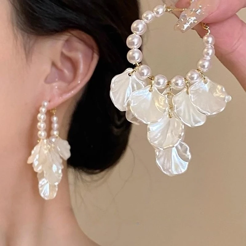 度假风轻奢感长款夸张耳钉法式复古花瓣流苏耳环女耳饰品