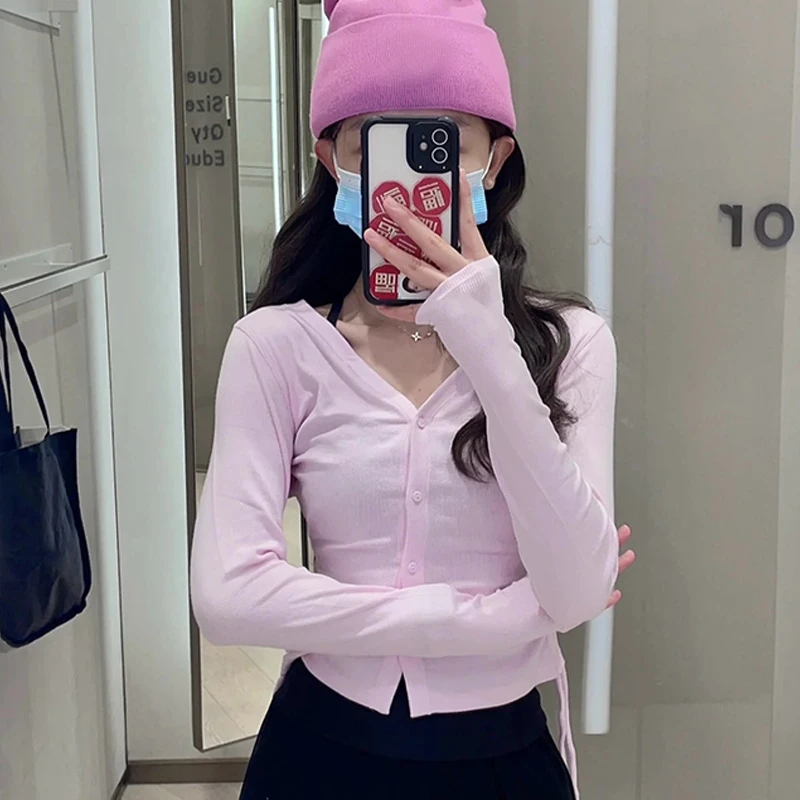 初见粉 秋季双侧抽绳罗文运动长袖开衫 5071