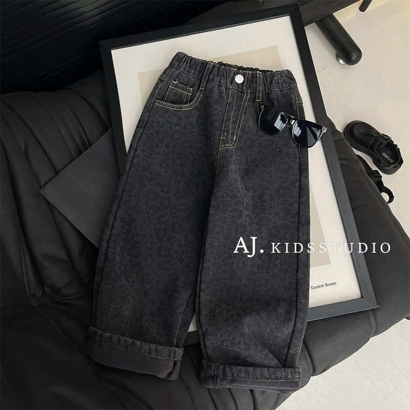 【现货】冬装韩版儿童复古豹纹休闲保暖加绒牛仔裤MPG5249