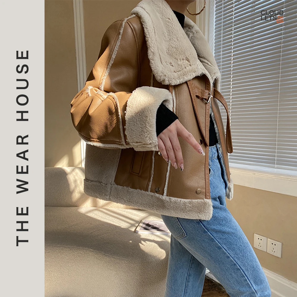 【Cloudlets】2023高质量皮毛一体翻领ins冬季厚外套短款时尚小外套