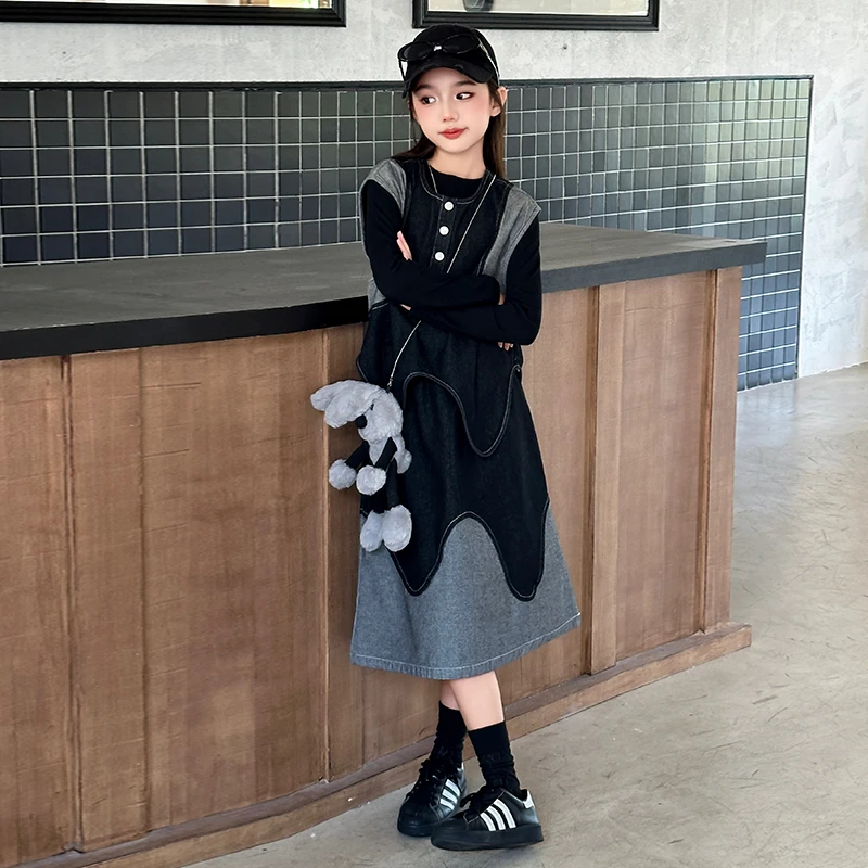 女童套装春秋2024新款洋气时髦儿童网红炸街中大童装马甲裙子两件