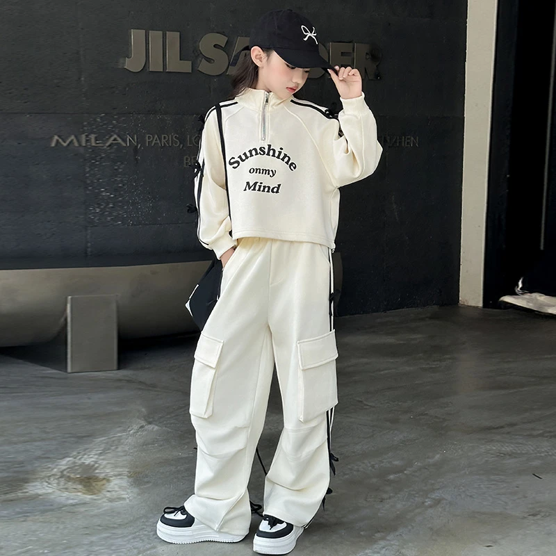 女童套装春秋2024新款洋气女孩早秋蝴蝶结卫衣裤子潮酷时髦两件套