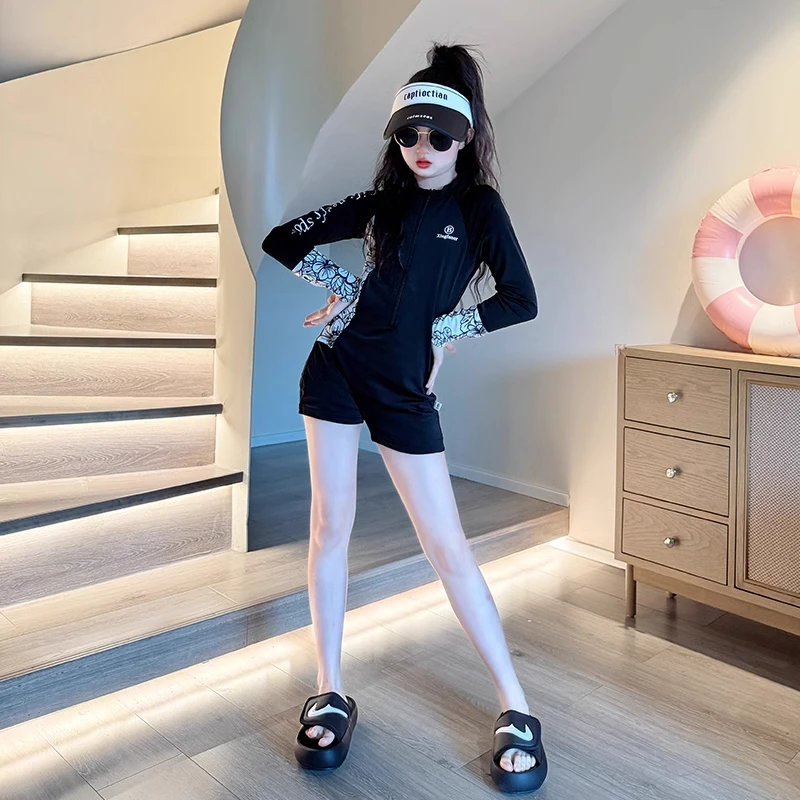 女童泳衣夏季2025新款儿童洋气连体游泳衣女大童夏装长袖防晒泳装
