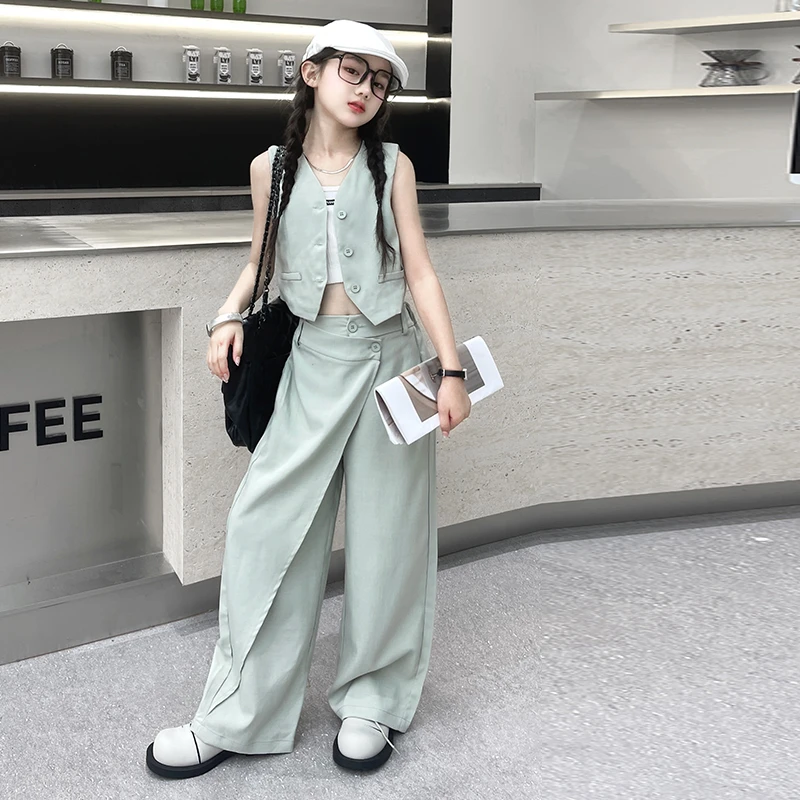 女童时尚无袖套装2024新款儿童时髦炸街甜酷西装马甲长裤两件套装