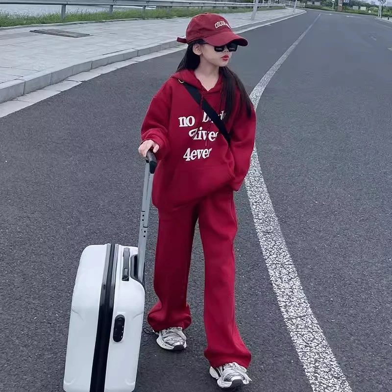 女童慵懒风休闲秋冬新款儿童连帽字母卫衣运动卫裤百搭洋气两件套