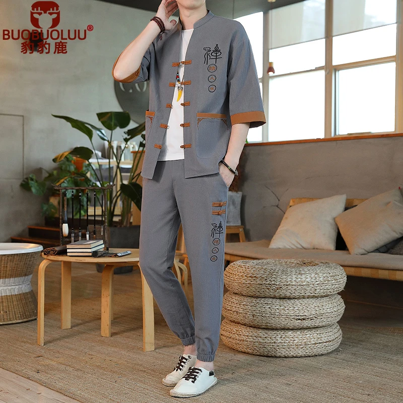中国风男装盘扣外套男士禅服五分袖开衫汉服唐装棉麻宽松夏季套装