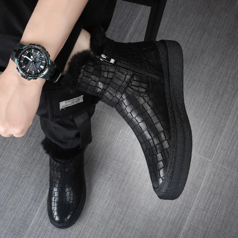 冬季雪地靴男士加绒保暖潮靴真皮百搭时尚高帮休闲男靴加厚秋冬