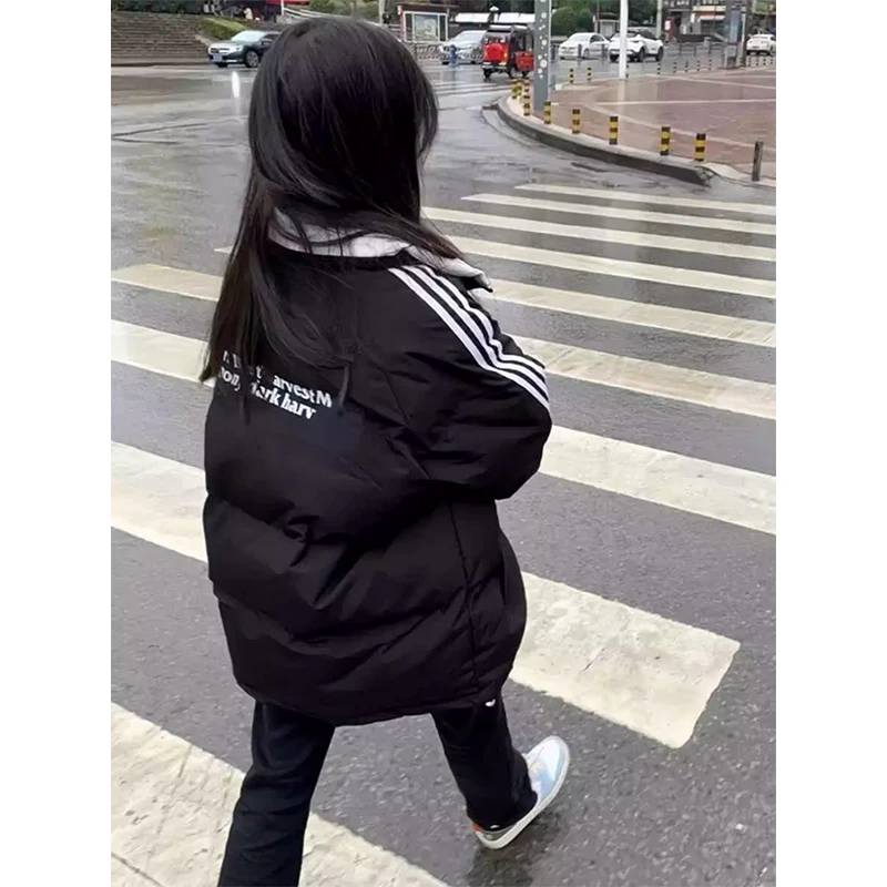 美式街头三条杠立领羽绒服外套女冬季宽松小个子保暖加厚棉衣棉服