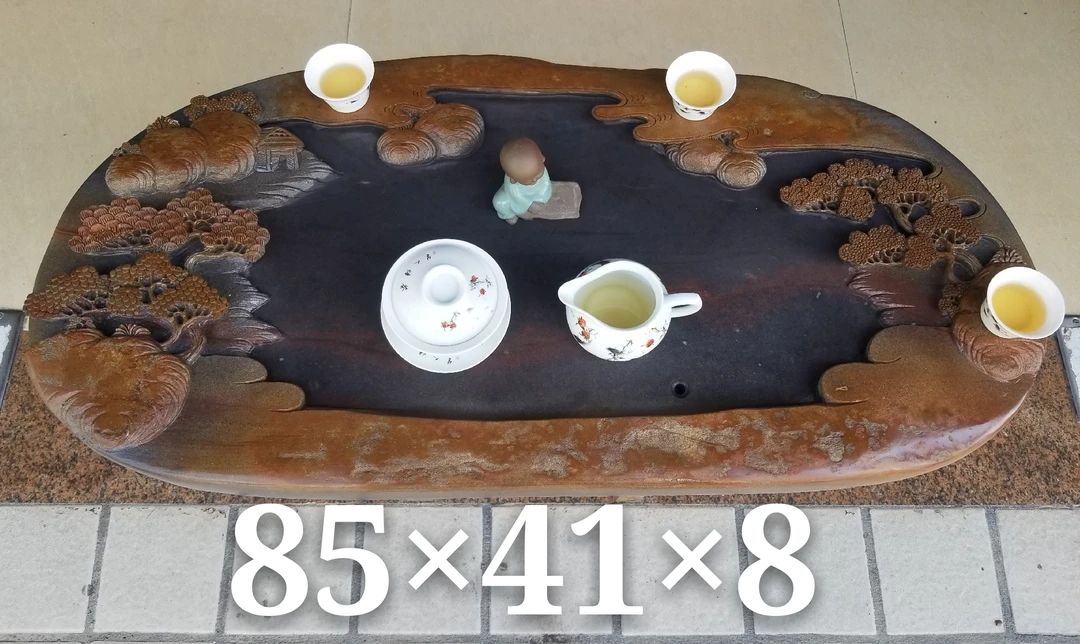 肇庆端砚石茶盘，紫端石《长河落日圆》天然原石，手工雕刻