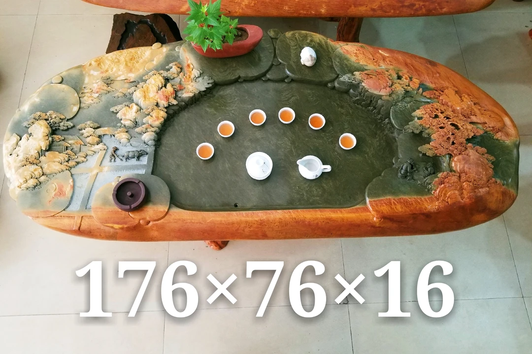 肇庆端砚石茶盘，绿端石《春耕秋收》