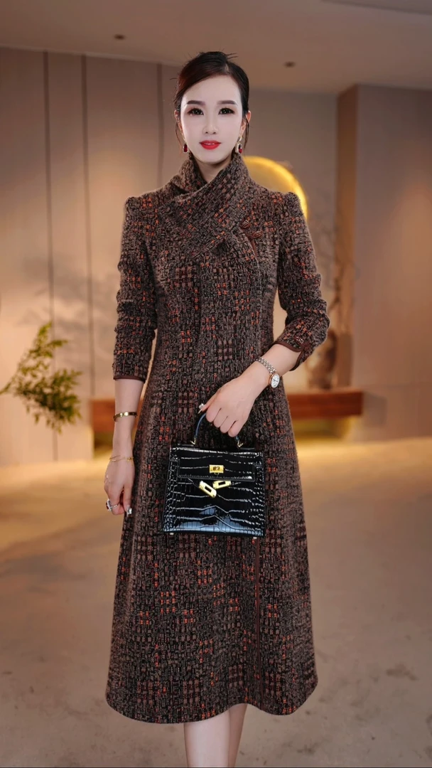 绒面秋冬新款气质加厚修身遮肉大码中老年妈妈装连衣裙ZRF-25053