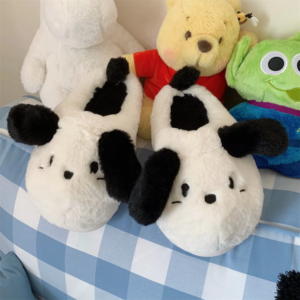 细细条 毛绒保暖室内软底防滑月子鞋女踩屎感可爱小狗包头棉拖鞋