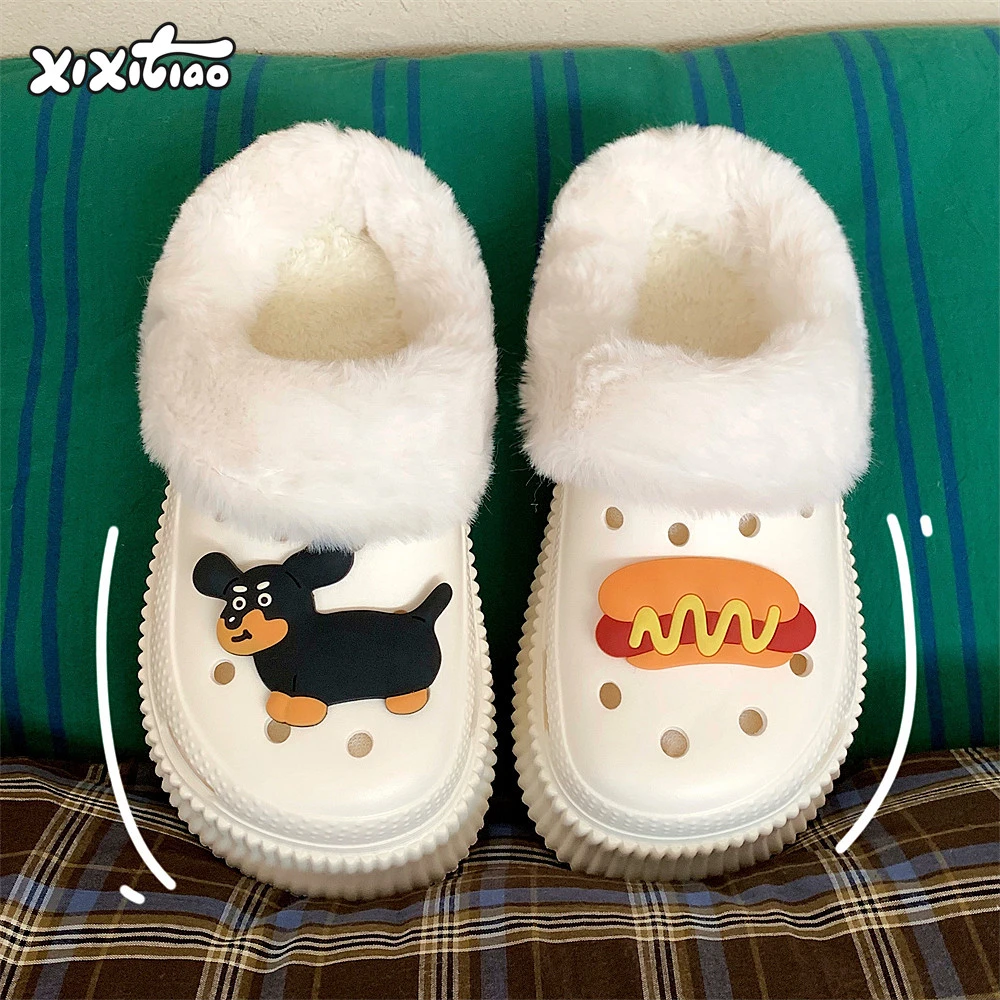 细细条 街头保暖ins趣味狗狗洞洞鞋加绒厚底冬季网红外穿棉拖鞋女