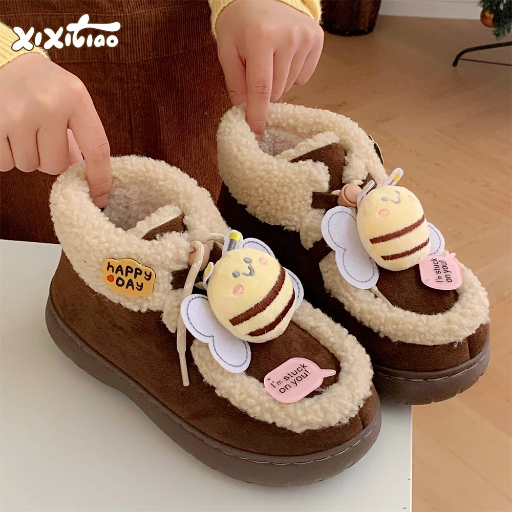 细细条 立体小蜜蜂雪地靴女时尚系带抽绳束口冬季拼色户外穿棉鞋