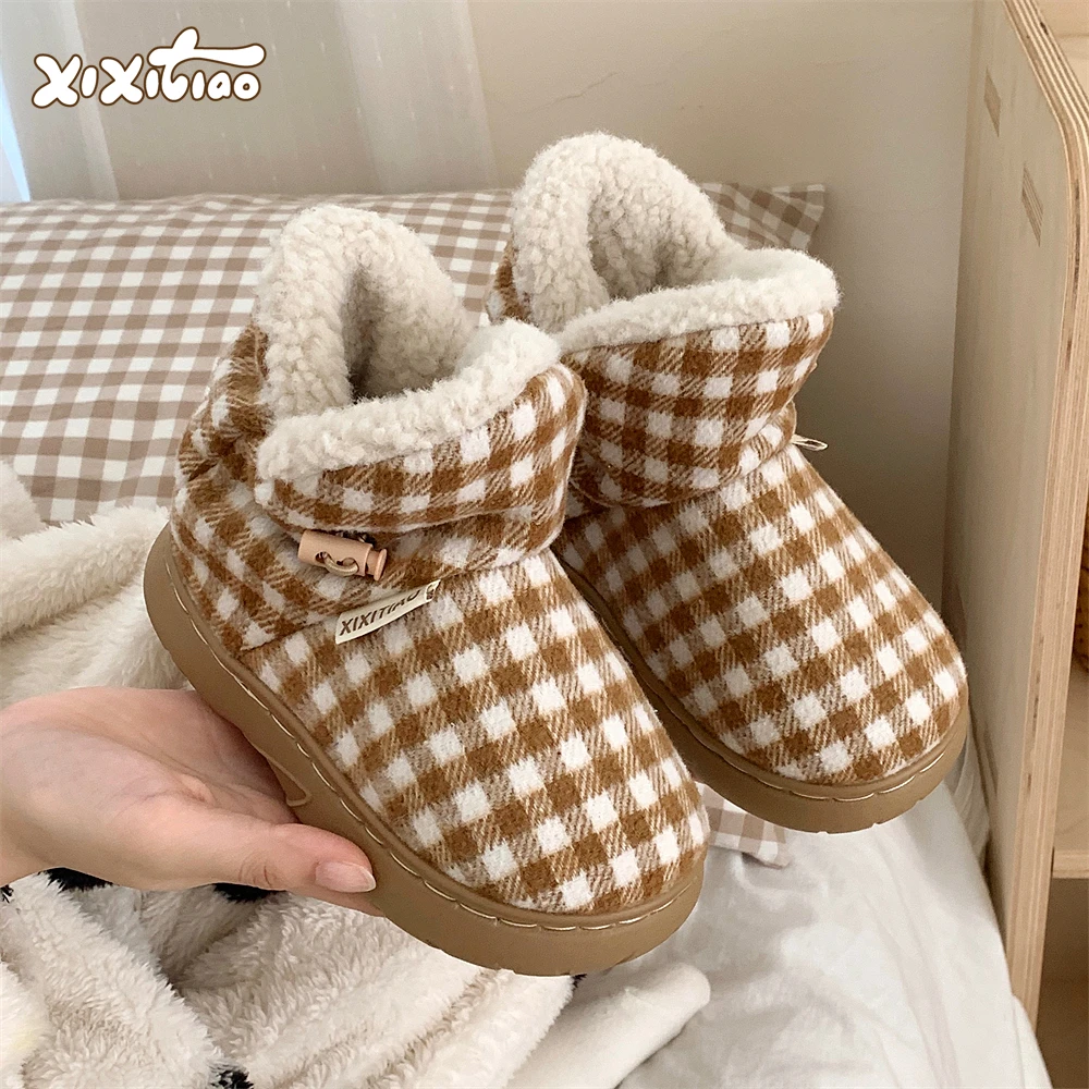 细细条 韩版格子儿童棉鞋冬外穿加绒保暖可爱男女童宝宝毛毛鞋ins