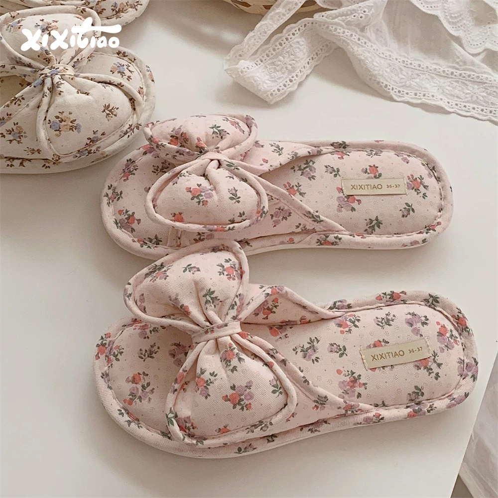 细细条 韩系碎花蝴蝶结亚麻拖鞋少女心四季通用防滑卧室地板鞋ins