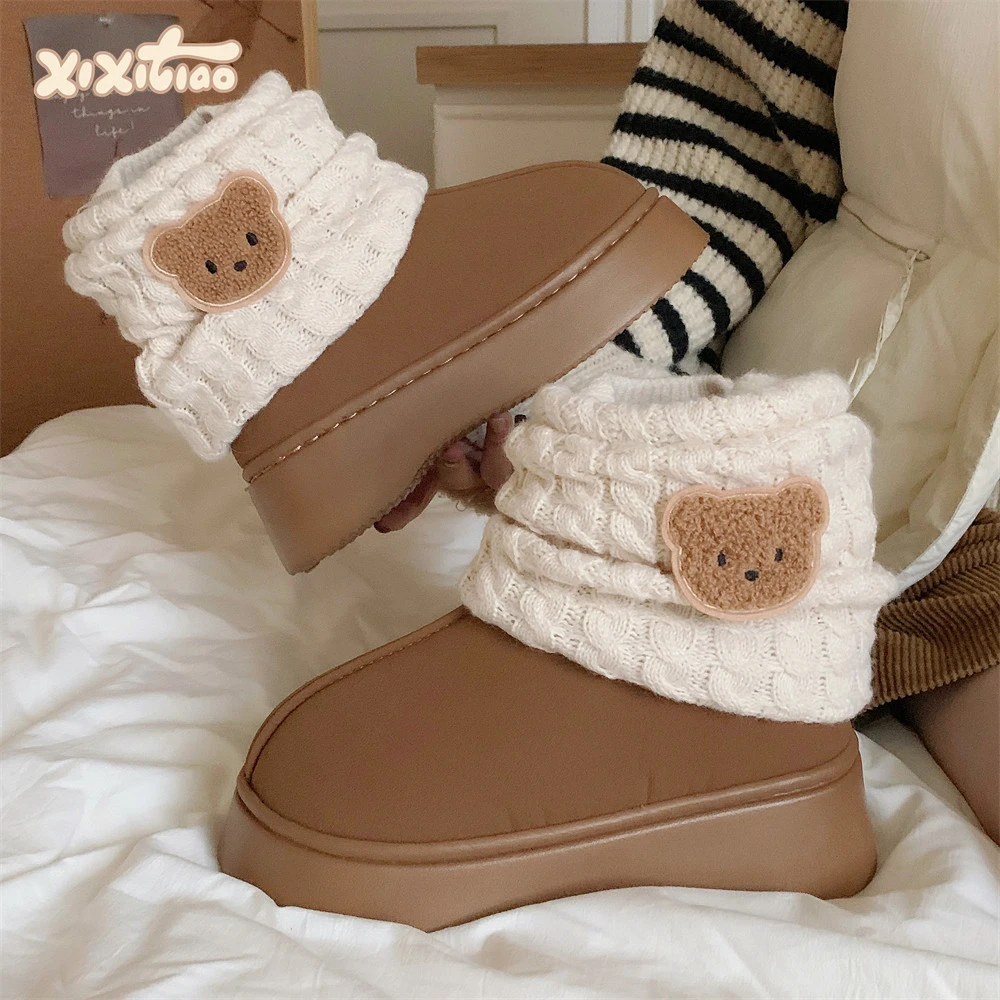 细细条 雪地靴女冬季新款ins可爱小熊保暖复古拼针织筒棉鞋中筒靴