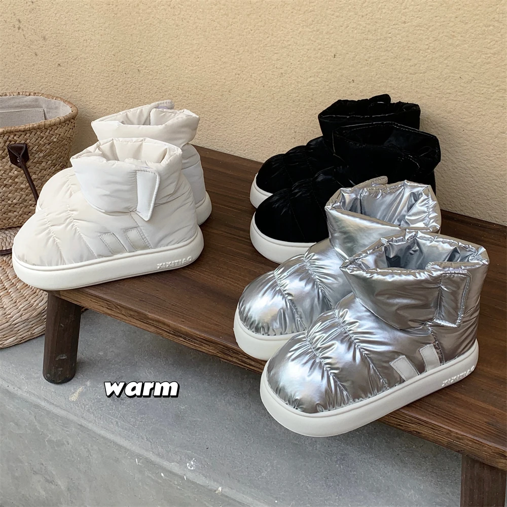 细细条 潮酷运动风加绒雪地靴男女士冬季防水羽绒布厚底短靴棉鞋
