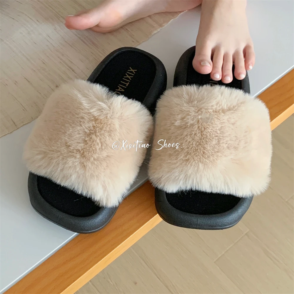 细细条 网红时尚一字毛毛拖鞋女秋冬2024新款百搭休闲外穿居家鞋