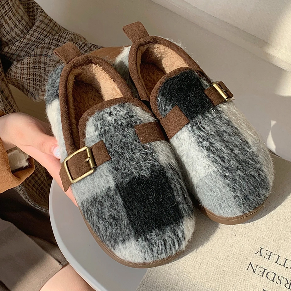 细细条.韩系ins创意复古拼色格子勃肯鞋秋冬居家防滑加绒保暖棉鞋