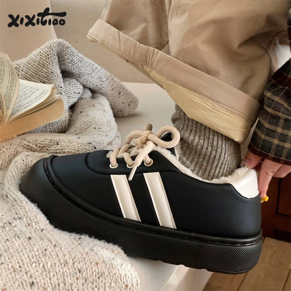 细细条 百搭潮酷休闲板鞋女ins韩版时尚外穿棉鞋高级感系带运动鞋