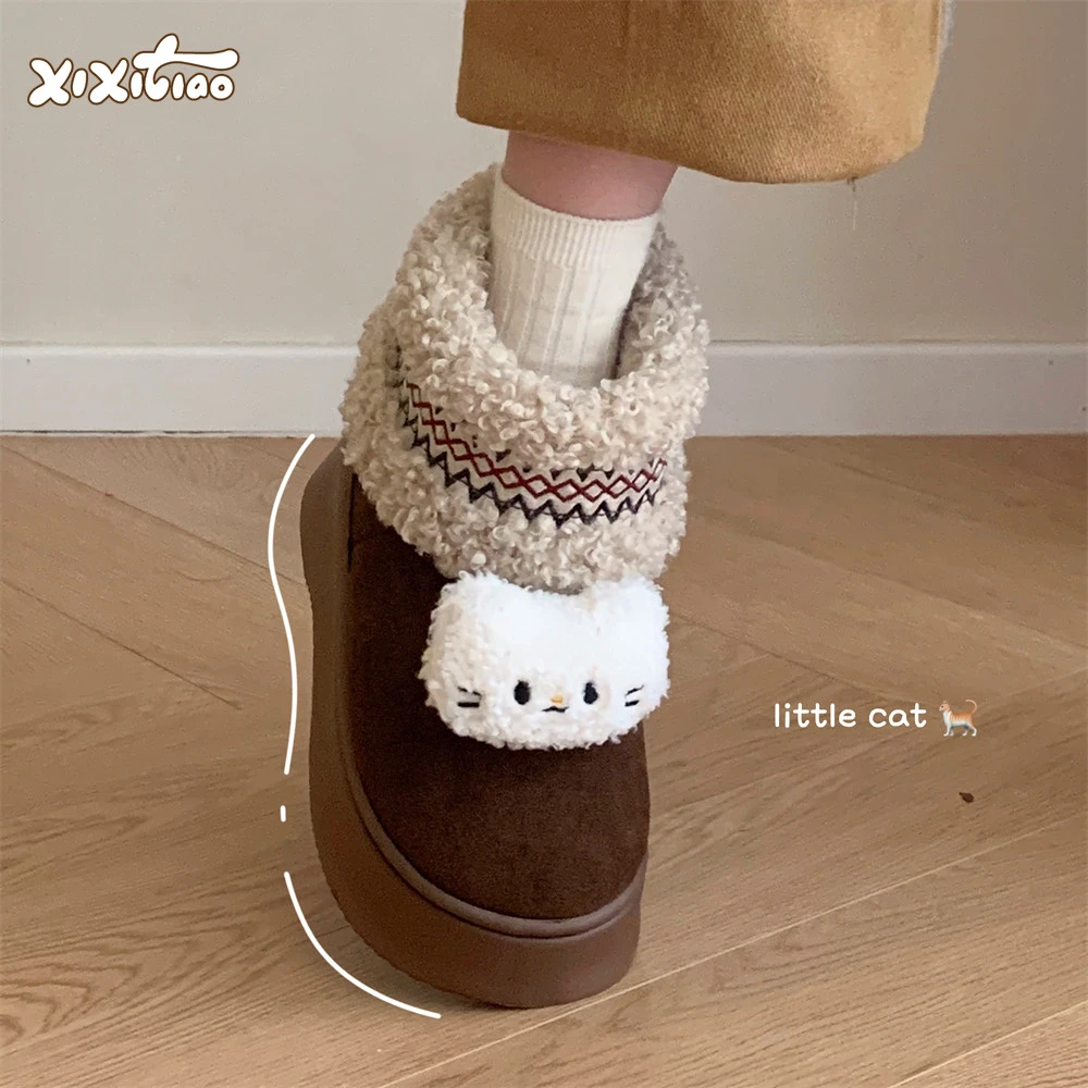 细细条 可爱小猫咪雪地靴女百搭保暖复古冬季时尚厚底高级感棉鞋