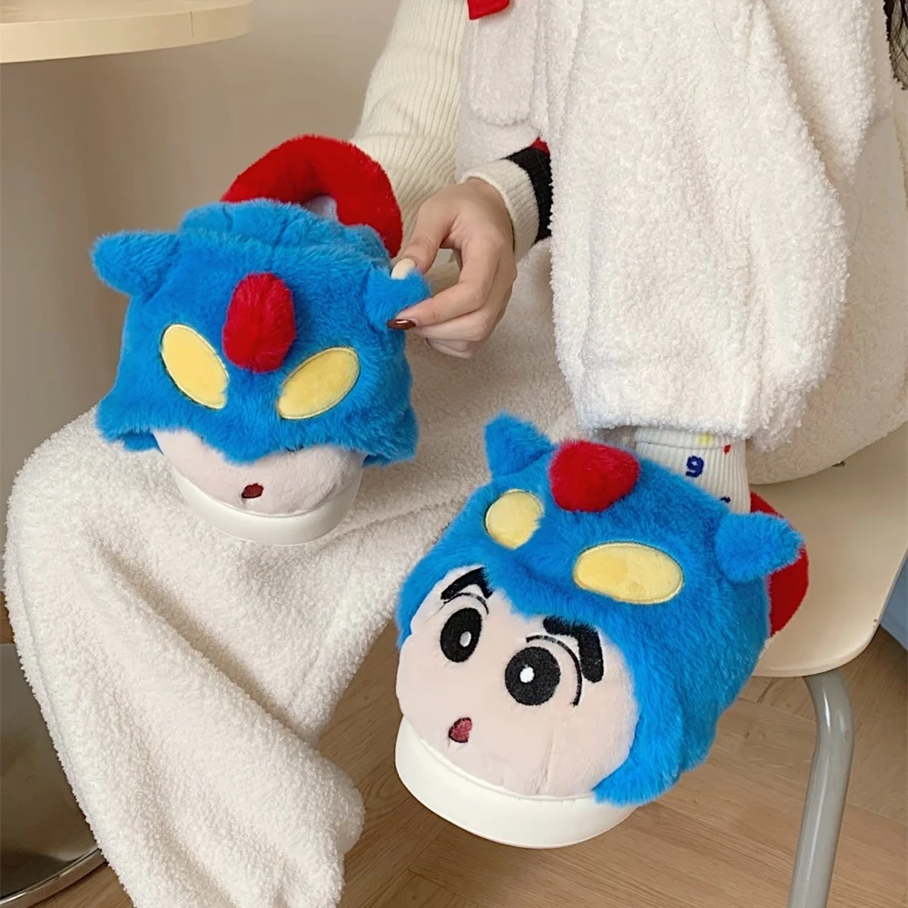 细细条 毛绒可爱卡通蜡笔小新棉拖鞋冬季情侣男女软底保暖居家鞋