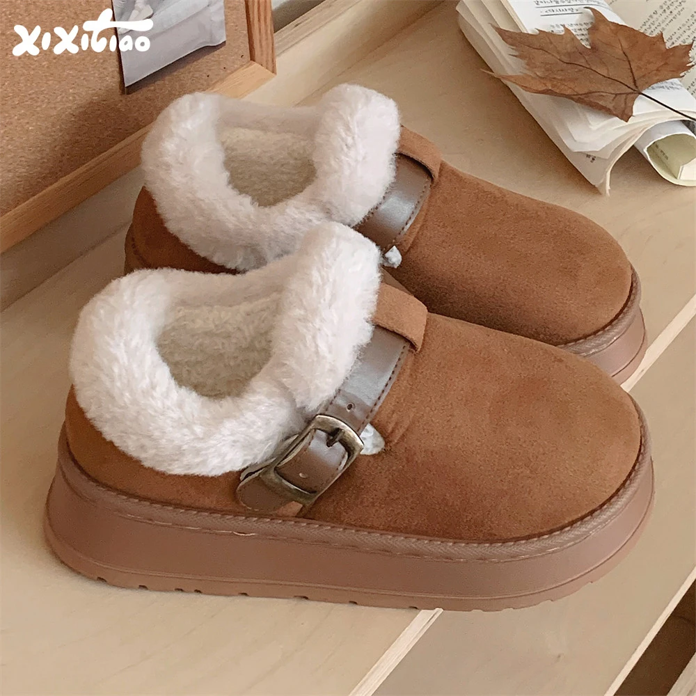 细细条 韩版ins时尚仿皮带扣雪地靴女复古勃肯鞋冬季休闲室外棉鞋