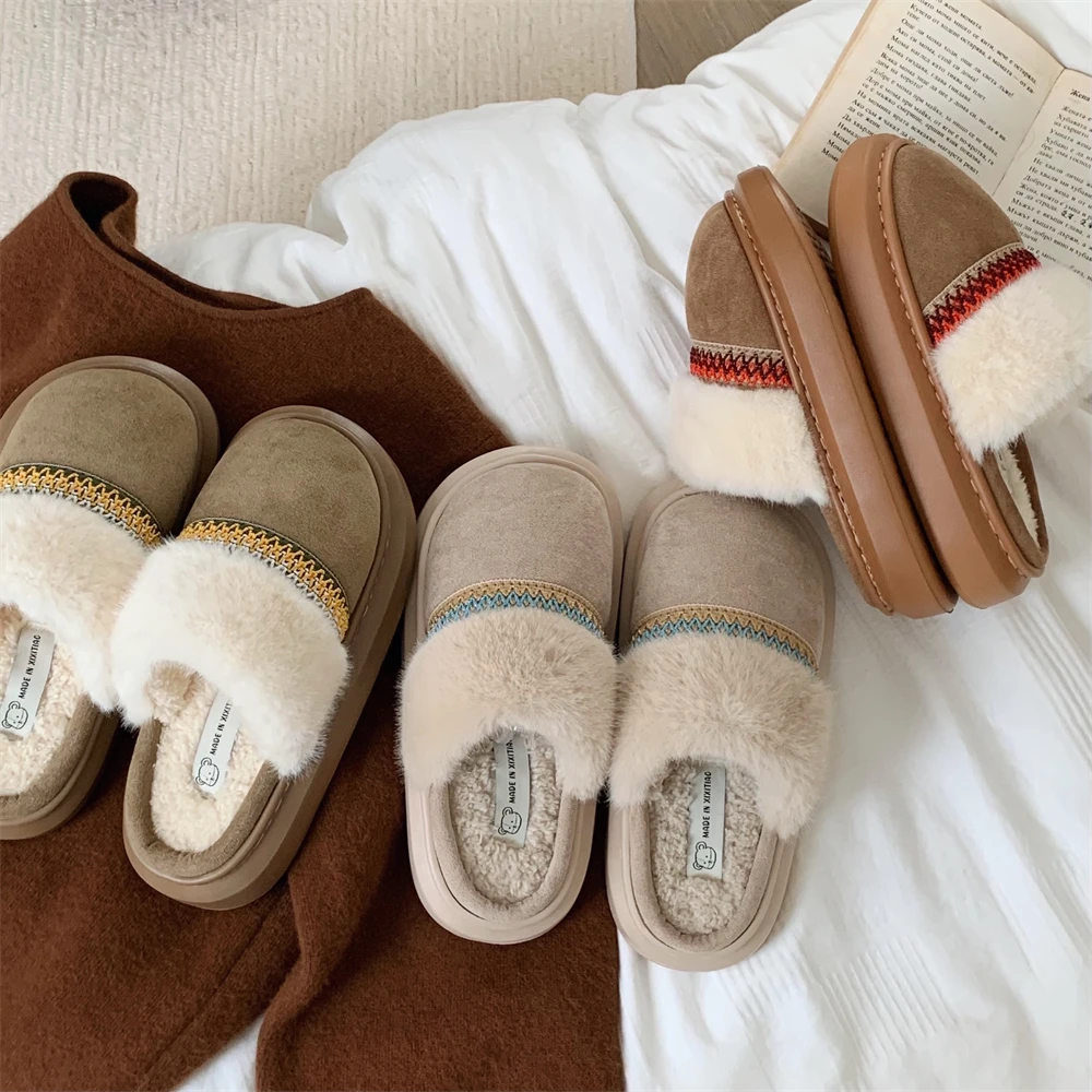 细细条 秋冬新款复古民族风学生棉拖鞋女软底外穿毛绒居家月子鞋