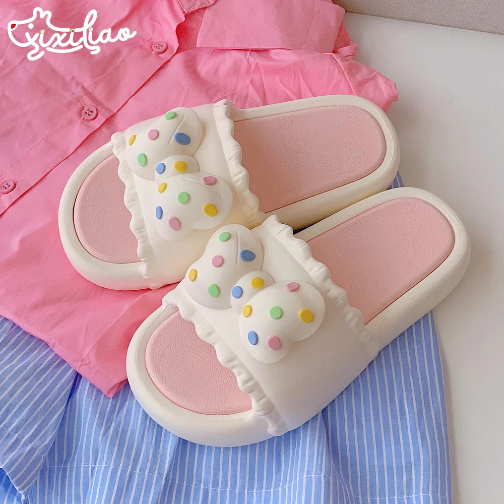 细细条 可爱波点蝴蝶结拖鞋女夏季甜美花边室内居家亲子凉拖防滑