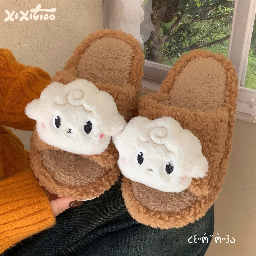 细细条 秋冬新款毛毛拖鞋女ins可爱小绵羊室内防滑休闲一字棉拖鞋