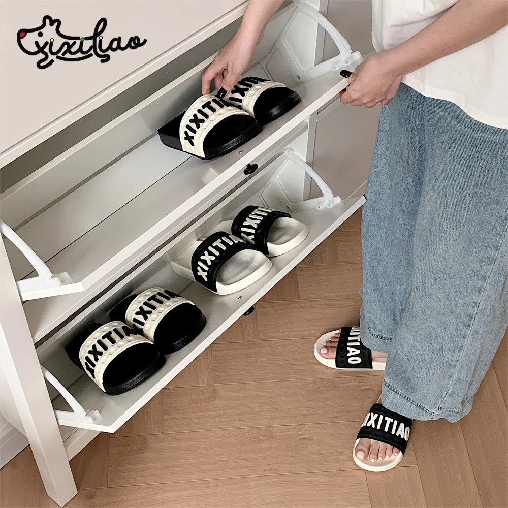 细细条 潮酷英文字母拼色凉拖男女夏季外穿防滑百搭情侣居家拖鞋