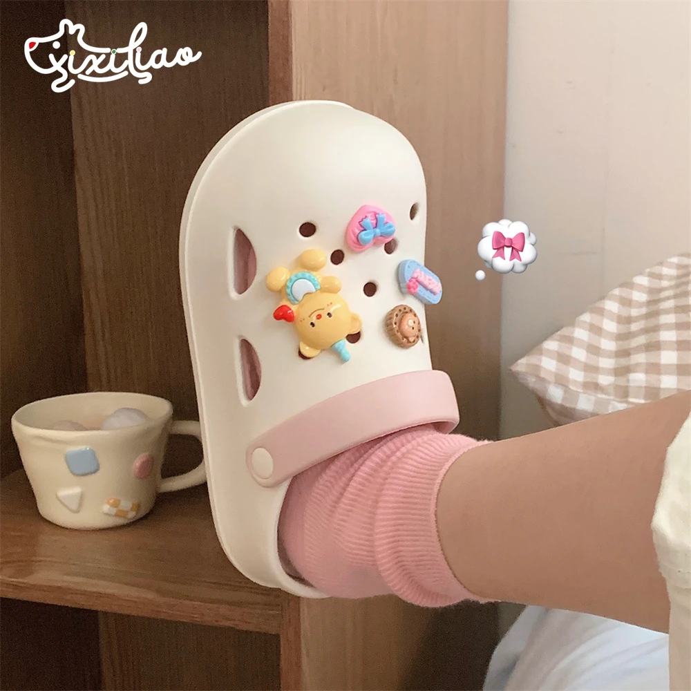 细细条 黄油色小熊洞洞鞋ins少女心可爱夏季新款凉拖两穿沙滩鞋女