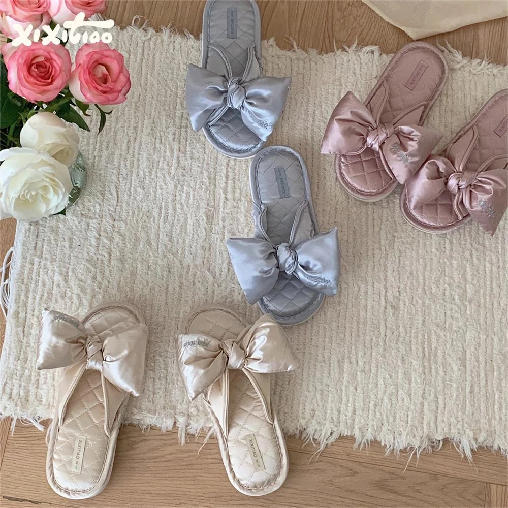 细细条 绸面蝴蝶结棉麻拖鞋高级感四季通用室内防滑轻便地板鞋女