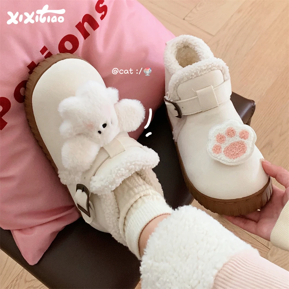 细细条 少女心雪地靴棉鞋休闲室外百搭女冬保暖加绒毛绒兔子短靴