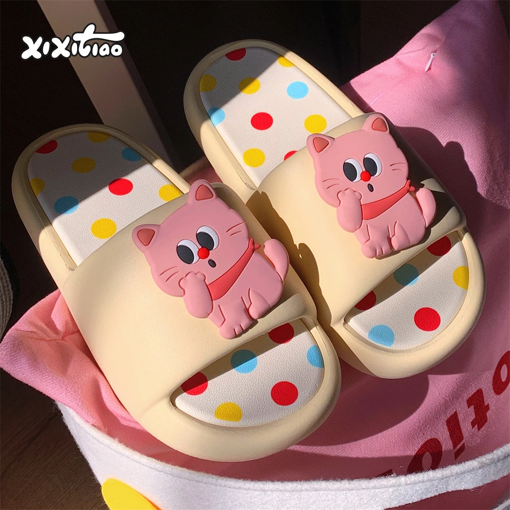 细细条 个性彩色波点猫小猫拖鞋夏季少女心外穿家用防滑凉拖鞋ins