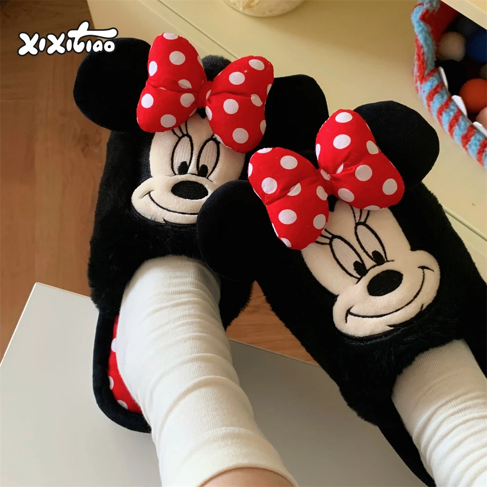 细细条 蝴蝶结米妮毛毛拖鞋男女秋冬季居家可爱ins米奇情侣棉拖鞋