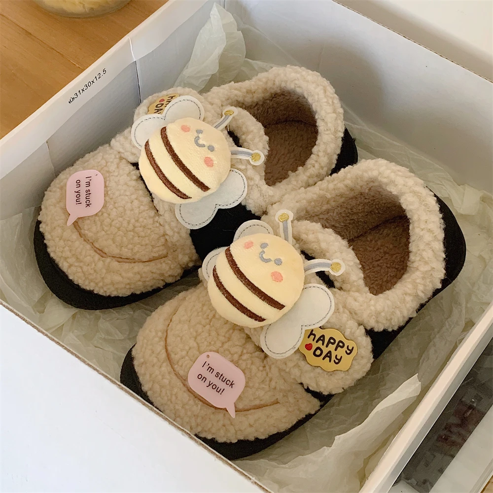细细条 网红可爱小蜜蜂保暖棉鞋女百搭亲子防滑外穿乐福豆豆鞋冬