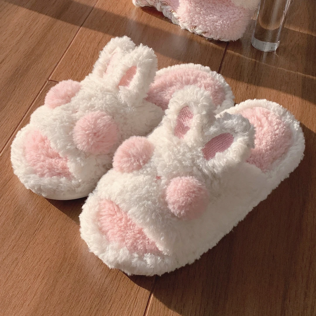 细细条 少女心兔子一字棉拖鞋女秋冬家居防滑保暖软萌可爱毛毛鞋