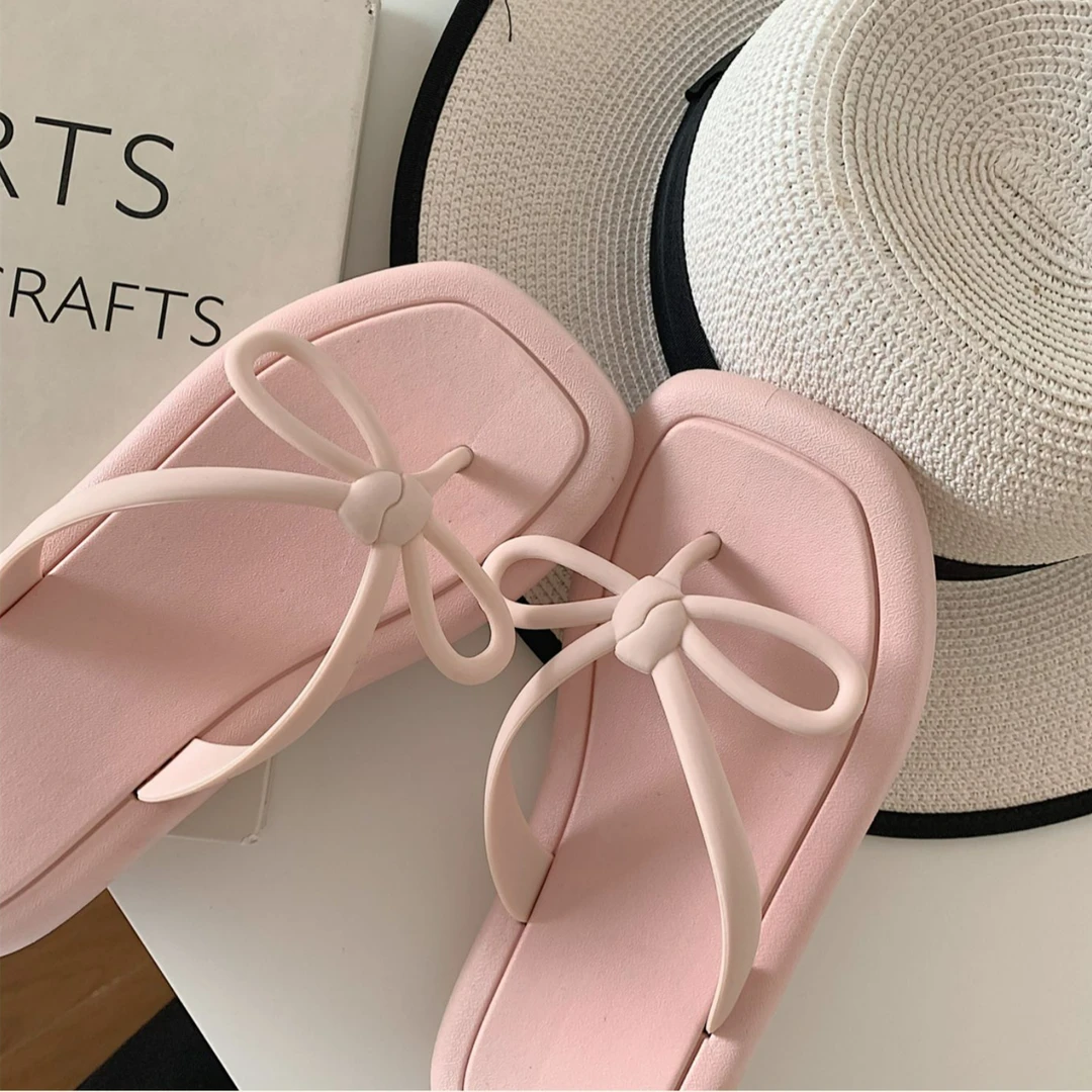 细细条 甜美公主风蝴蝶结人字拖女夏季海边时尚平底夹脚沙滩拖鞋
