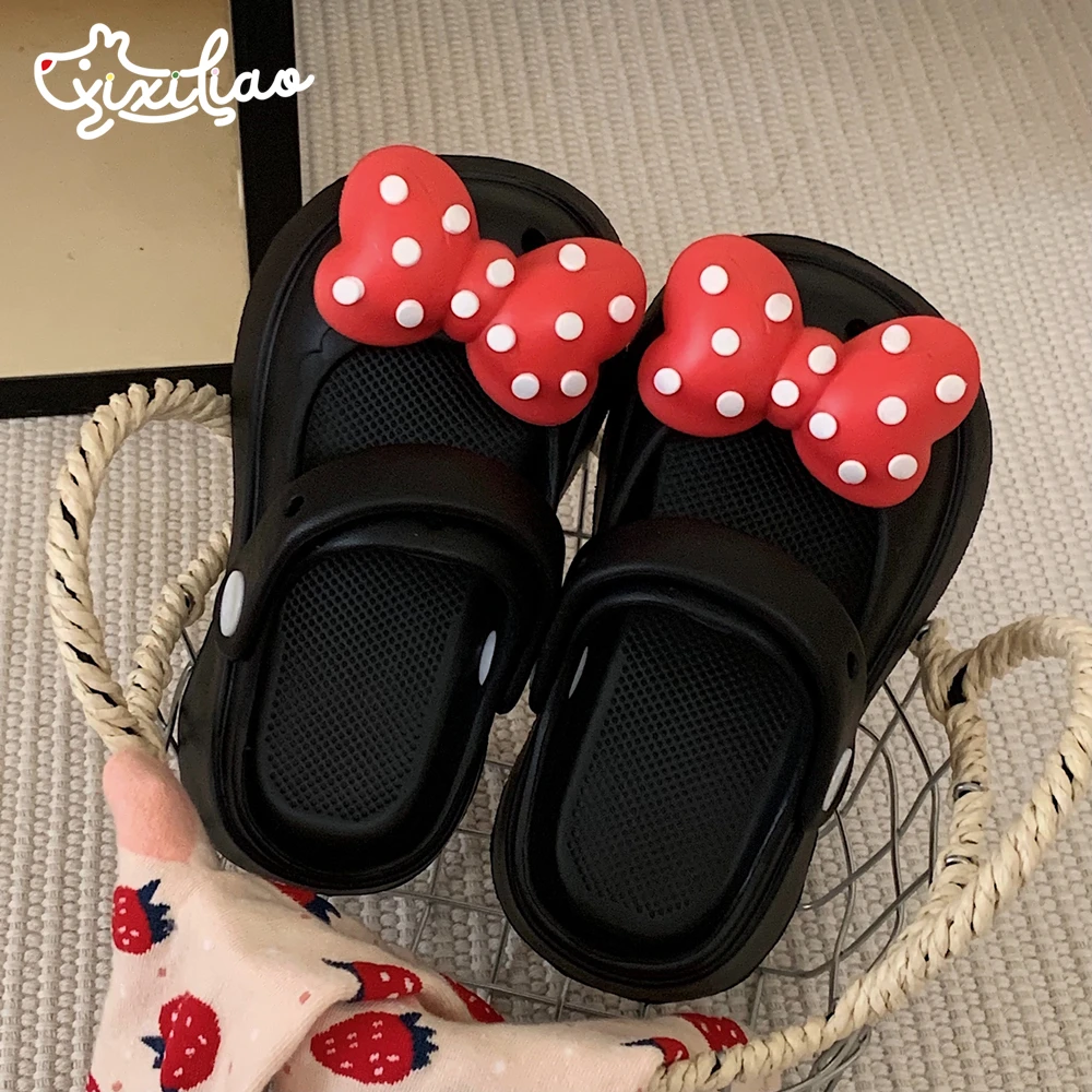 细细条 少女心儿童凉鞋夏季女童外穿波点蝴蝶结厚底玛丽珍洞洞鞋