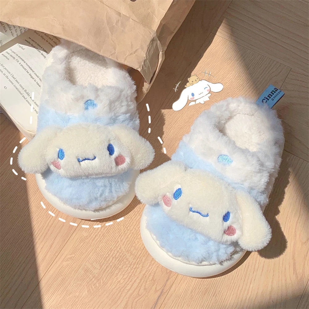 细细条 冬季新款可爱卡通毛毛拖鞋少女心软萌玉桂狗保暖棉拖鞋