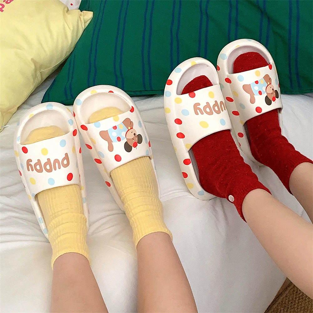 细细条 夏季情侣居家浴室凉拖休闲舒适彩点小狗EVA软厚底拖鞋男女