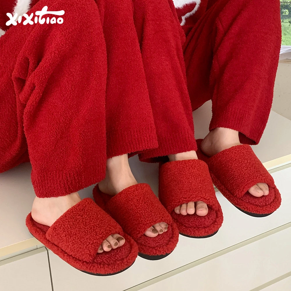 细细条 红色居家鞋软底防滑喜庆时尚男女秋冬季毛毛棉拖鞋本命年