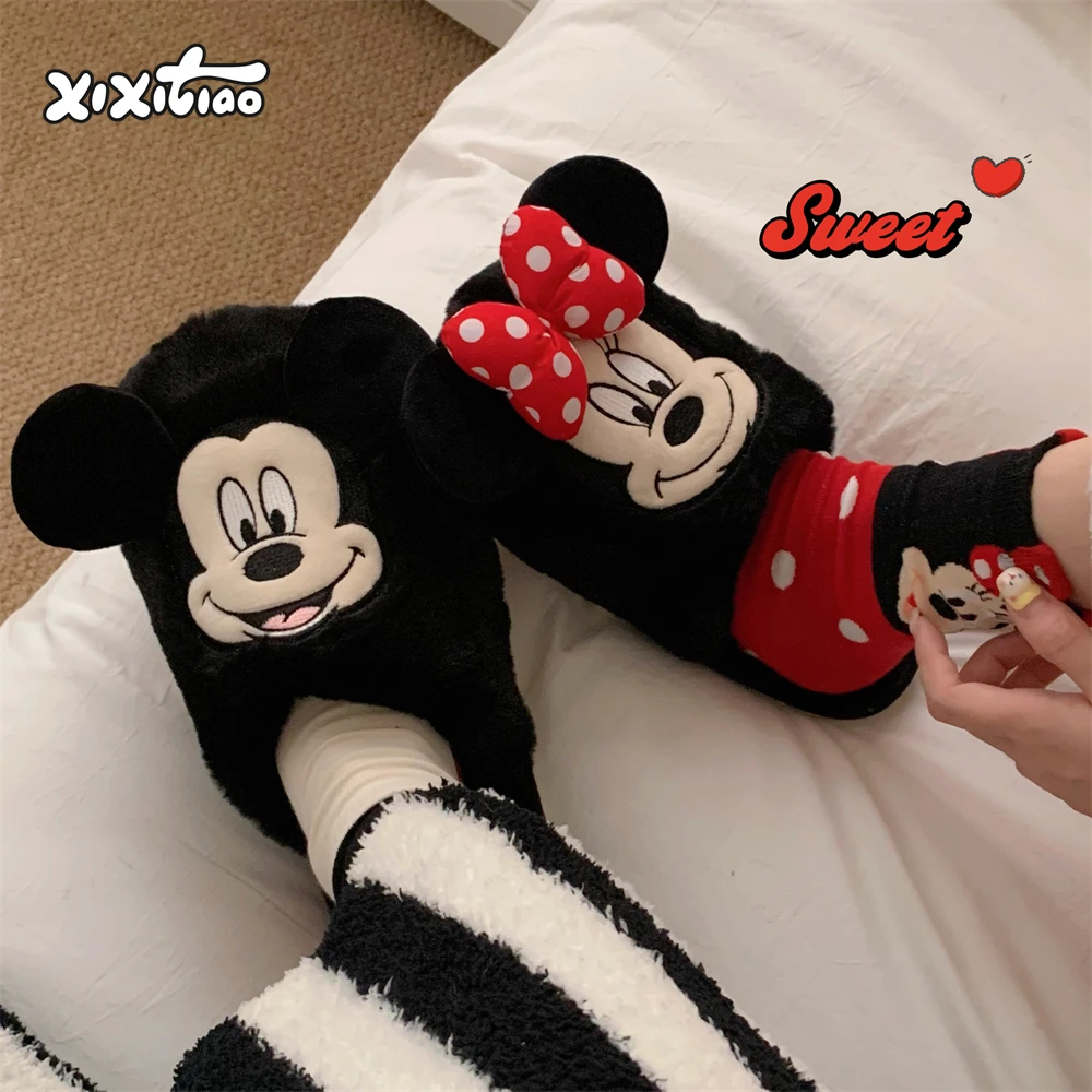 细细条 创意米奇蝴蝶结米妮棉拖鞋男女休闲居家穿秋冬情侣毛毛鞋