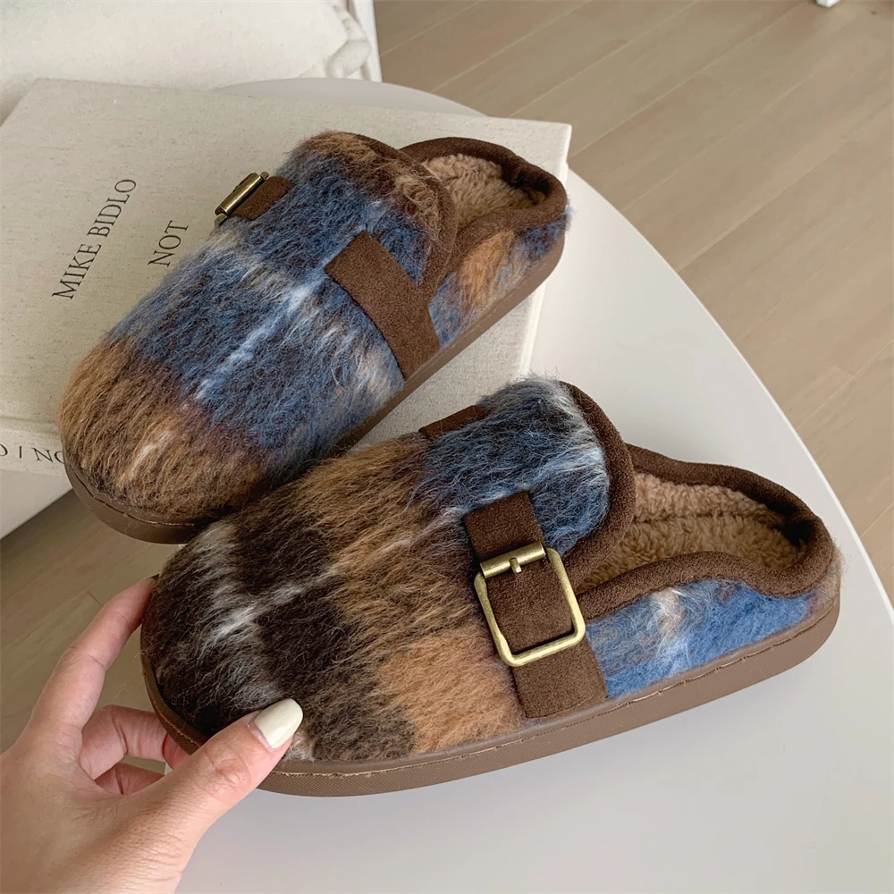 细细条 网红时尚休闲加绒包头半拖鞋女秋冬季外穿勃肯鞋乐福鞋ins