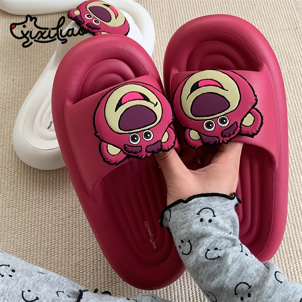 细细条 正版联名草莓熊一字拖女夏季可爱卡通居家防滑厚底凉拖鞋