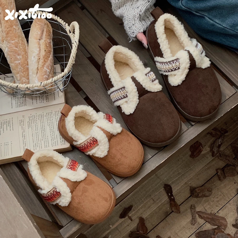 细细条 冬季复古休闲百搭学生勃肯鞋加绒保暖平底女士豆豆鞋棉鞋